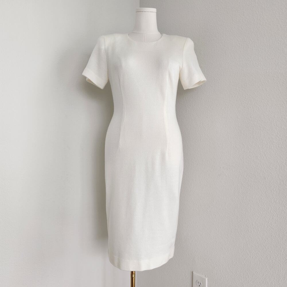 Vintage 80s 90s Leslie Fay White Knit Sheath Midi Dress Short Sleeve Bridal L
